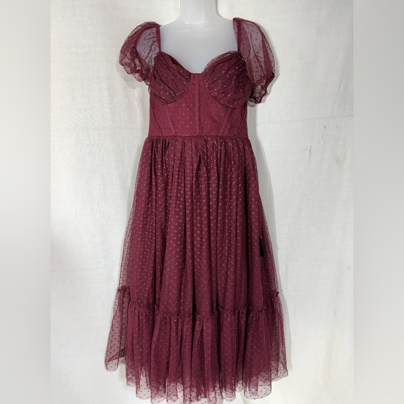 Lulu's Sweet Amor burgundy Tulle Swiss Dot Tiered Bustier Midi Dress Size Large - Picture 3 of 14